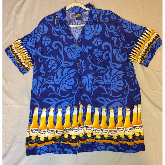 Corona Extra Other - Corona‎ Extra Mens Blue Tropical Beer Bottle Print Rayon Hawaiian Shirt XXL